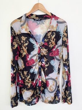 Love 83 Long Sleeve Ruched Button Up Mesh Print Shirt 1XL Mobwife Festival Boho